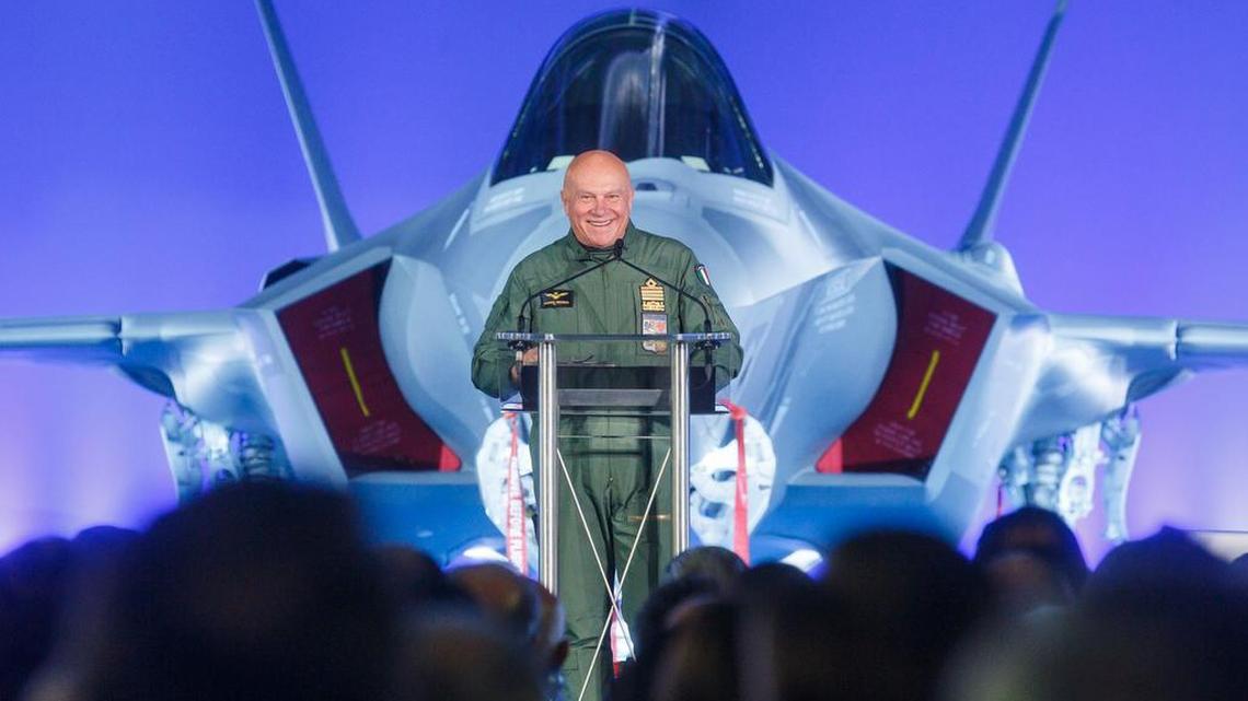 Lt. Gen. Pasquale Preziosa, Chief of the Italian Air Force, welcomes the first Italian F-35A, known as AL-1, into the Italian armed forces Dec. 3 at a ceremony in Cameri, Italy.
