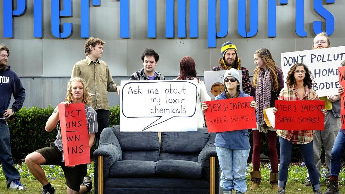 Members of the Texas Campaign for the Environment protested outside Pier 1 Imports headquarters on Tuesday.