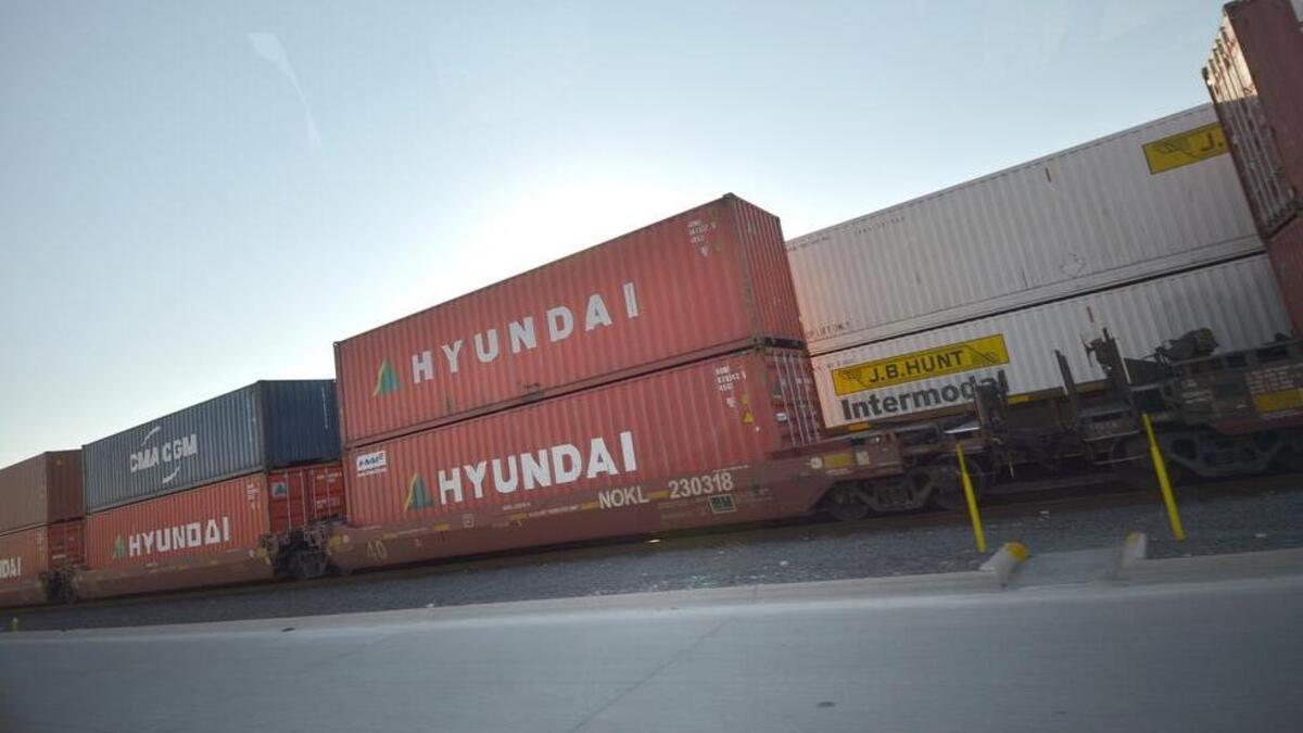 
Truck trailers are double-stacked to be shipped by rail on BNSF Railway, such as these trailers at BNSF’s intermodal yard at AllianceTexas in Haslet. 
