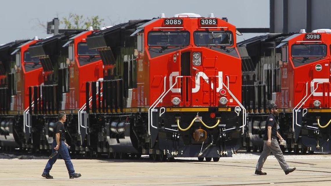 New locomotives lined up outside the General Electric Manufacturing Solutions plant in far north Fort Worth.