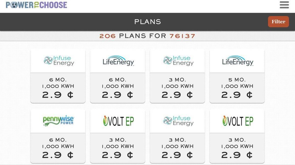 Screen shot of the PowerToChoose.org website, taken from an iPhone.