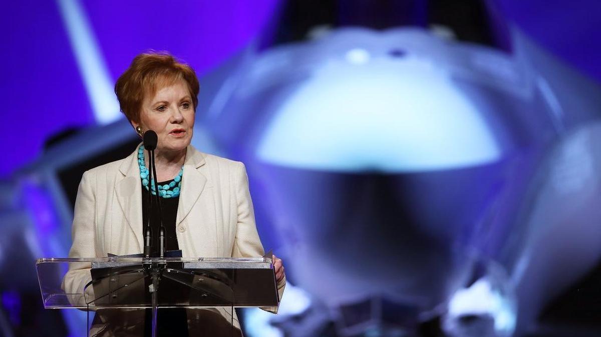 Rep. Kay Granger speaking in front of an F-35 fighter jet at Lockheed Martin Aeronautics in 2015 as the first plane was rolled out for Norway.