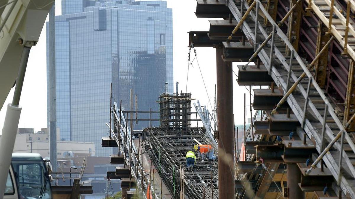 Concrete forms are almost ready for the next V-shaped bridge beam at Panther Island project on White Settlement Road.