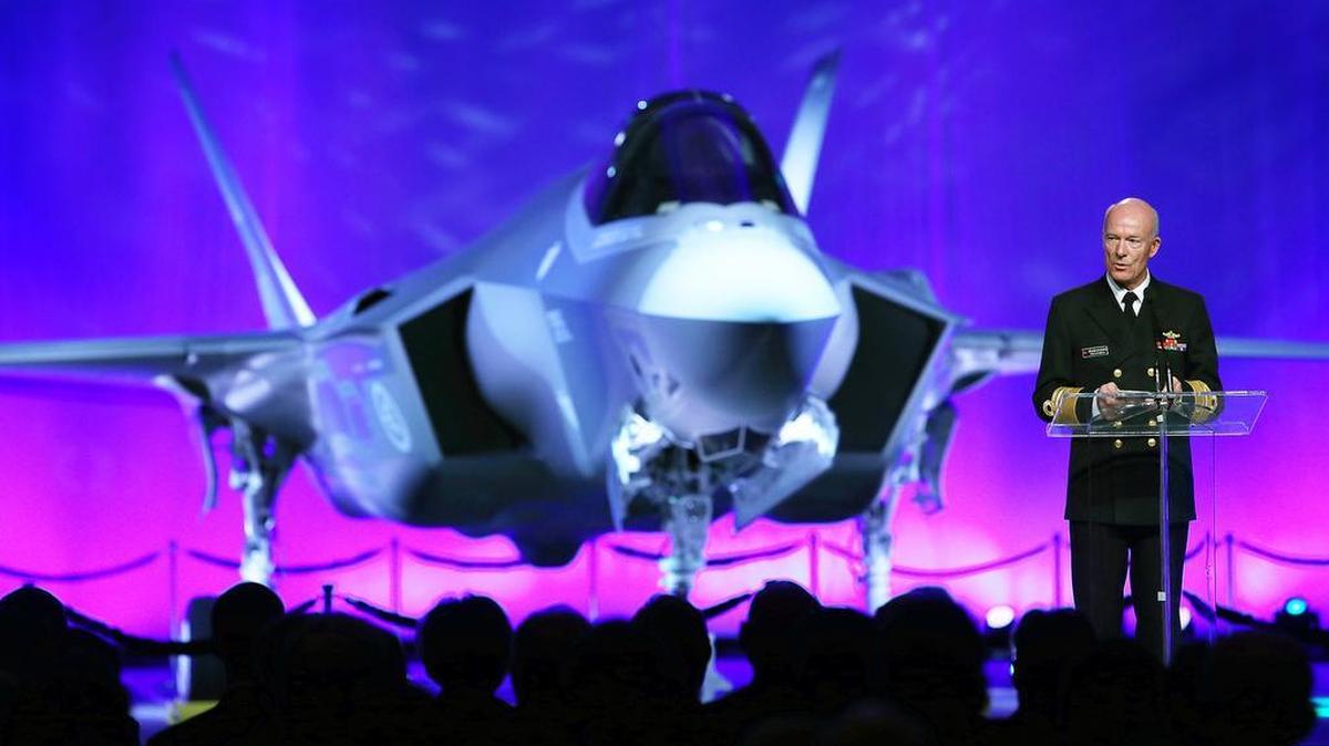 
Admiral Haakon Bruun-Hanssen, Chief of Defense for the Norweian Armed Forces, talks to thos gathered after the unveiling of his country's F-35. Lockheed Martin held rollout ceremonies Tuesday in Fort Worth.
