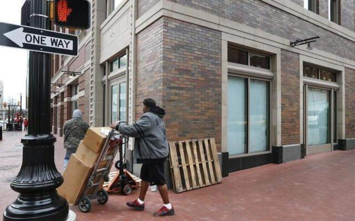 
Merchandise is removed from the RadioShack store in Sundance Square on Monday, Feb. 16, 2015. The store has been stripped of all markings and the windows are covered . 
