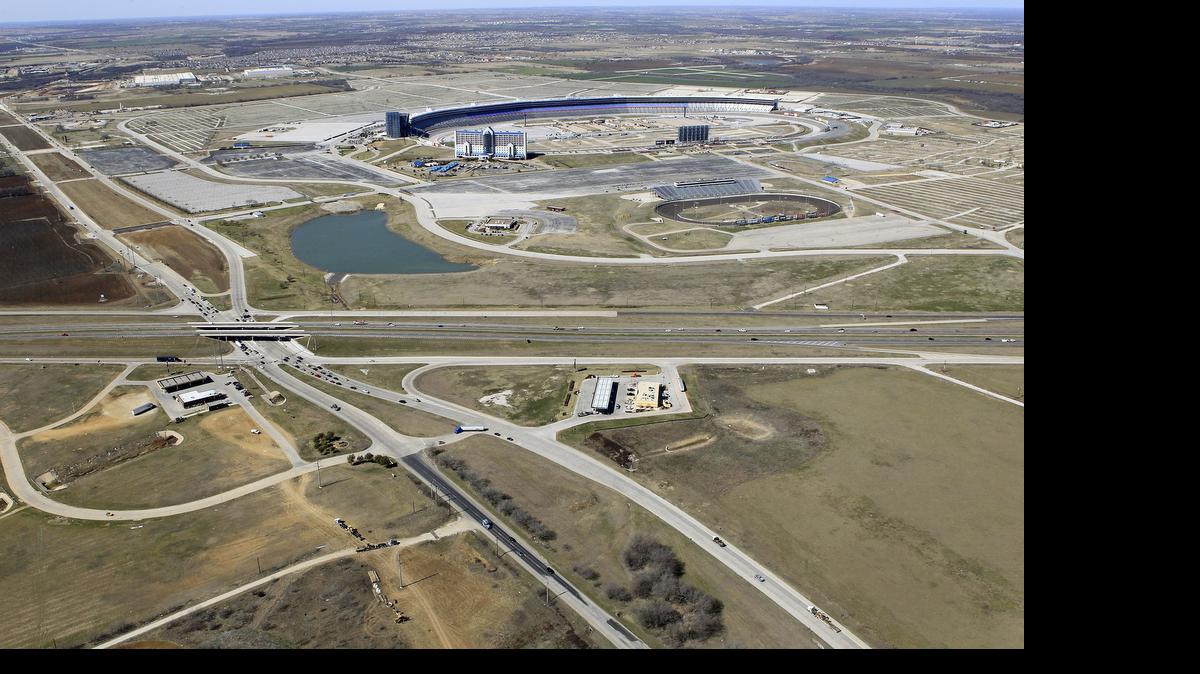 
Farmer Bros. will build a new headquarters, manufacturing and distribution complex in Northlake, across I-35 from the Texas Motor Speedway. This aerial shows the intersection of I-35 and State Highway 114. 
