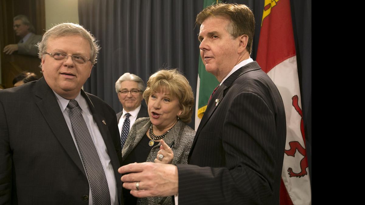 
Sen. Jane Nelson, R-Flower Mound — flanked by Lt. Gov. Dan Patrick, right, and Sen. Paul Bettencourt — is chairwoman of the Senate Finance Committee.
