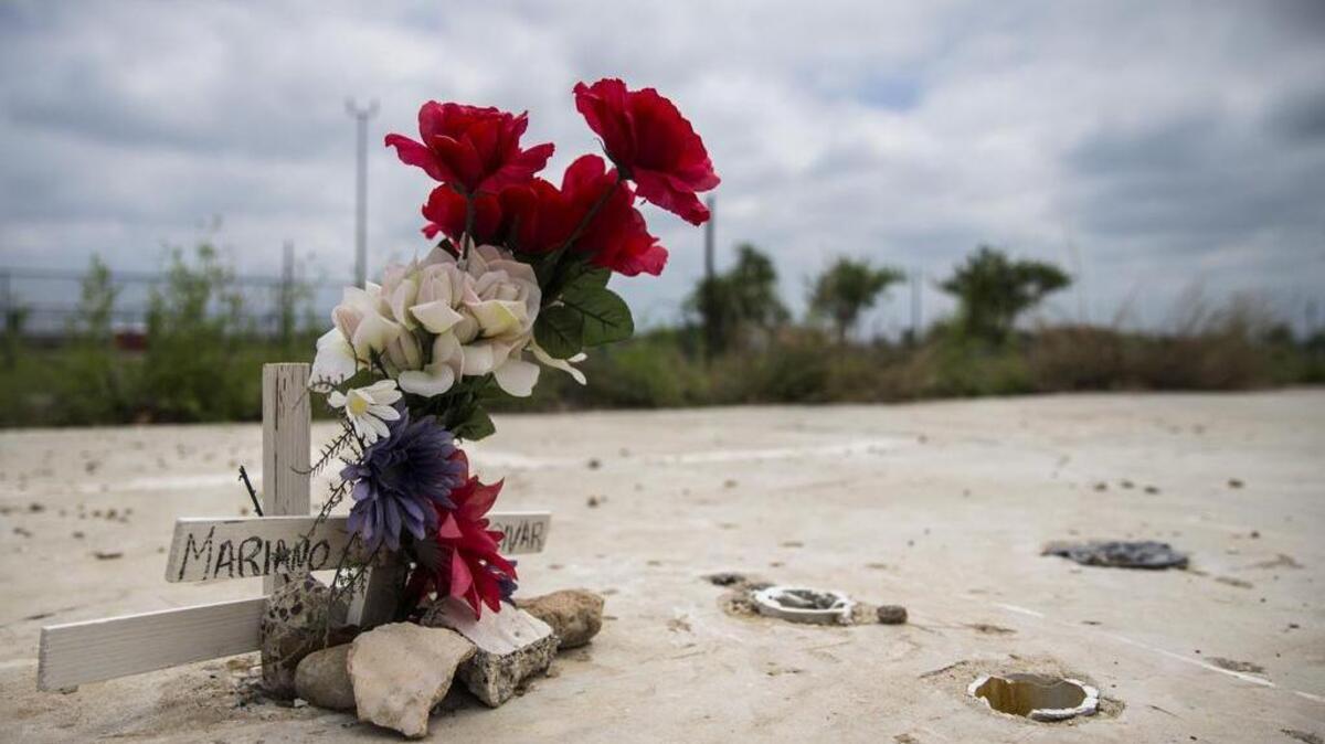 A small memorial stands in the footprint of an apartment complex that was destroyed during an explosion three years ago at the West Fertilizer Company on Thursday, April 14, 2016 in West, Texas.