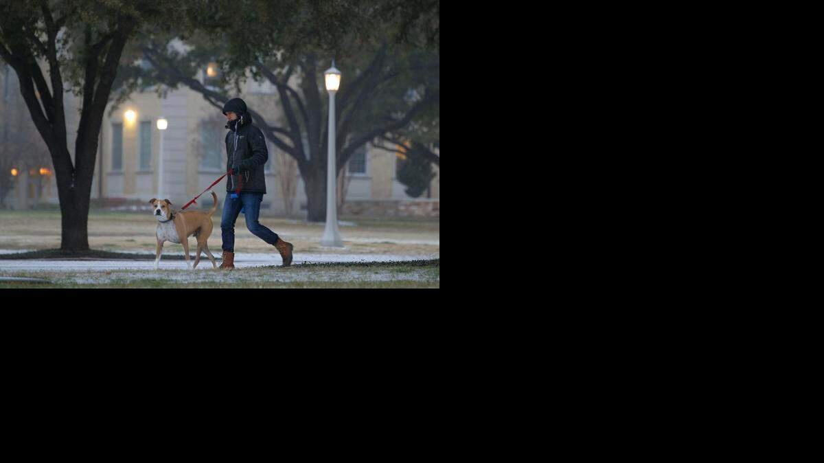 
Not everyone is inside. Jacob Locke took “Bones” for a walk around TCU early Monday.
