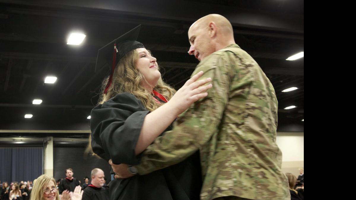 
Trinity senior Marley Matlock is brought to tears by a surprise visit from her uncle Steven Briggs, a senior master sergeant in the Air Force, at graduation.



