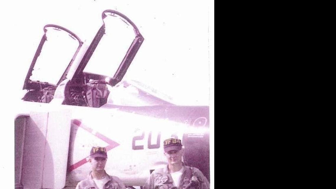 
Navigator Porter Halyburton, (on left) and LCMR Stanley Olmstead, pose in front of the F-4 Phantom they flew missions in over Vietnam
