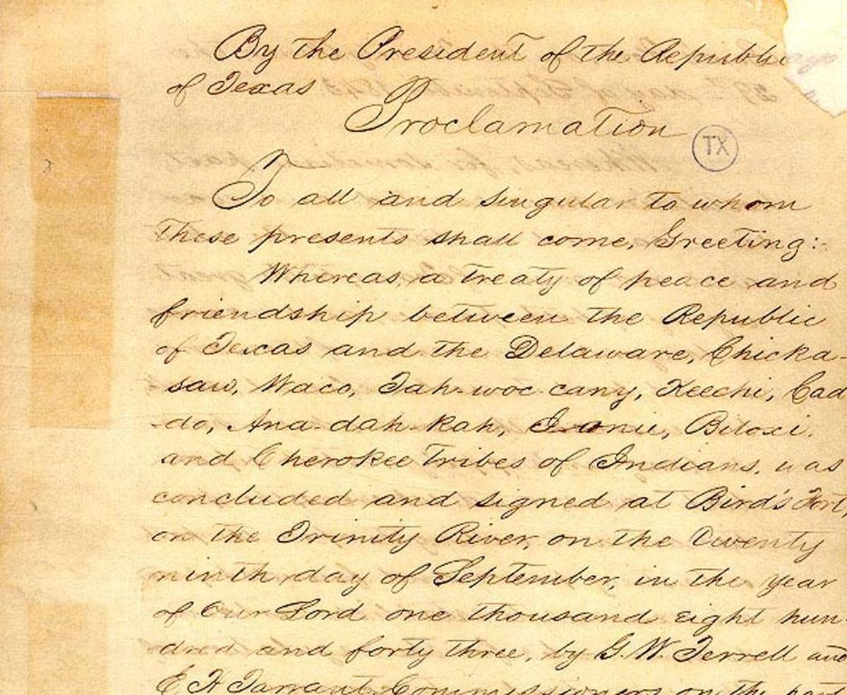 A section of the Bird’s Fort Treaty is shown. The treaty between the Republic of Texas and some of the Indian tribes of Texas and Oklahoma was signed on September 29, 1843 at the fort in what is now north Arlington,