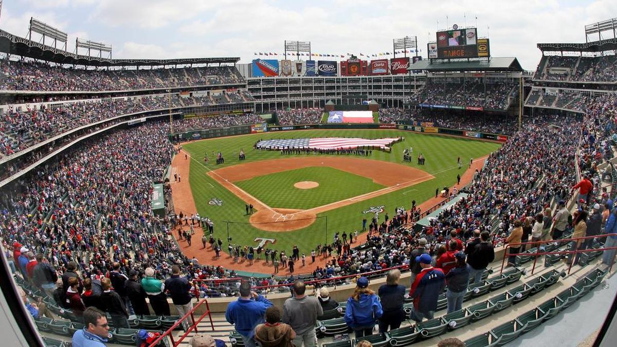 The Boston Red Sox play the Texas Rangers on opening day at Globe Life Park in Arlington on April 6, 2007.