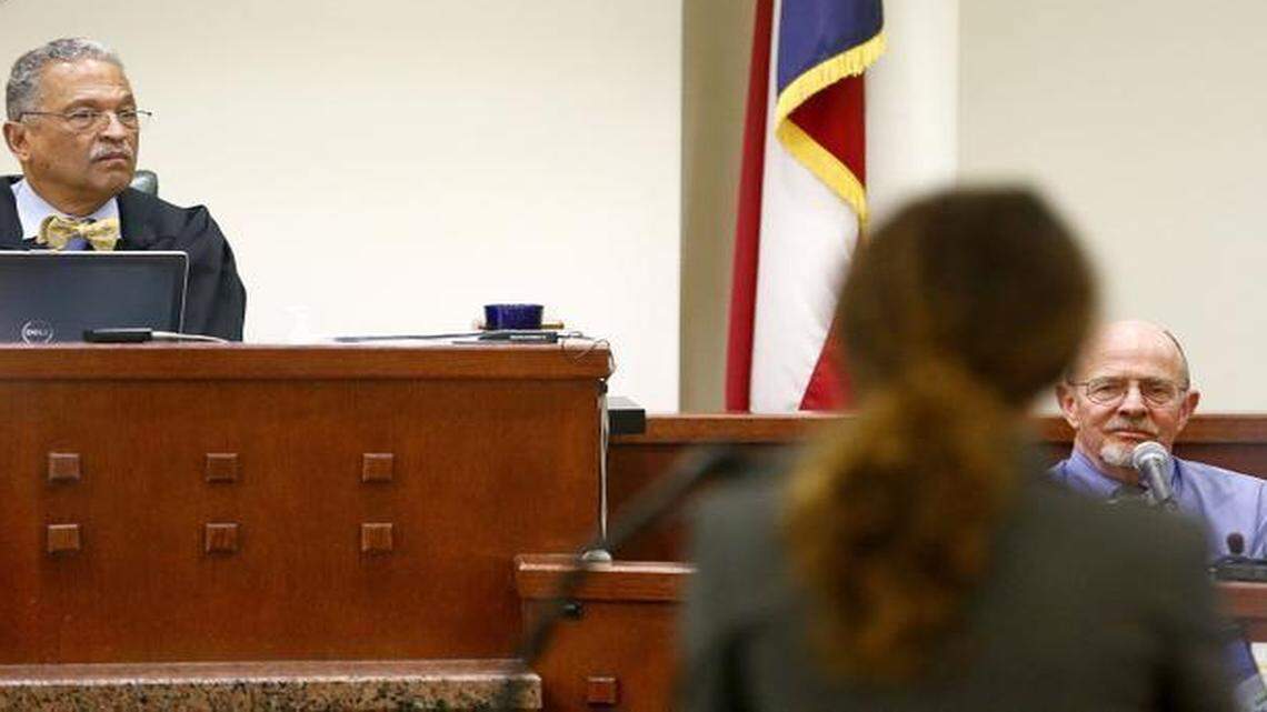 
Terence Pinkston is questioned by prosecutor Heather Davenport Wednesday during the trial of the man accused of hitting him with his car last year and leaving the scene. State district Judge Wayne F. Salvant is at left. 
