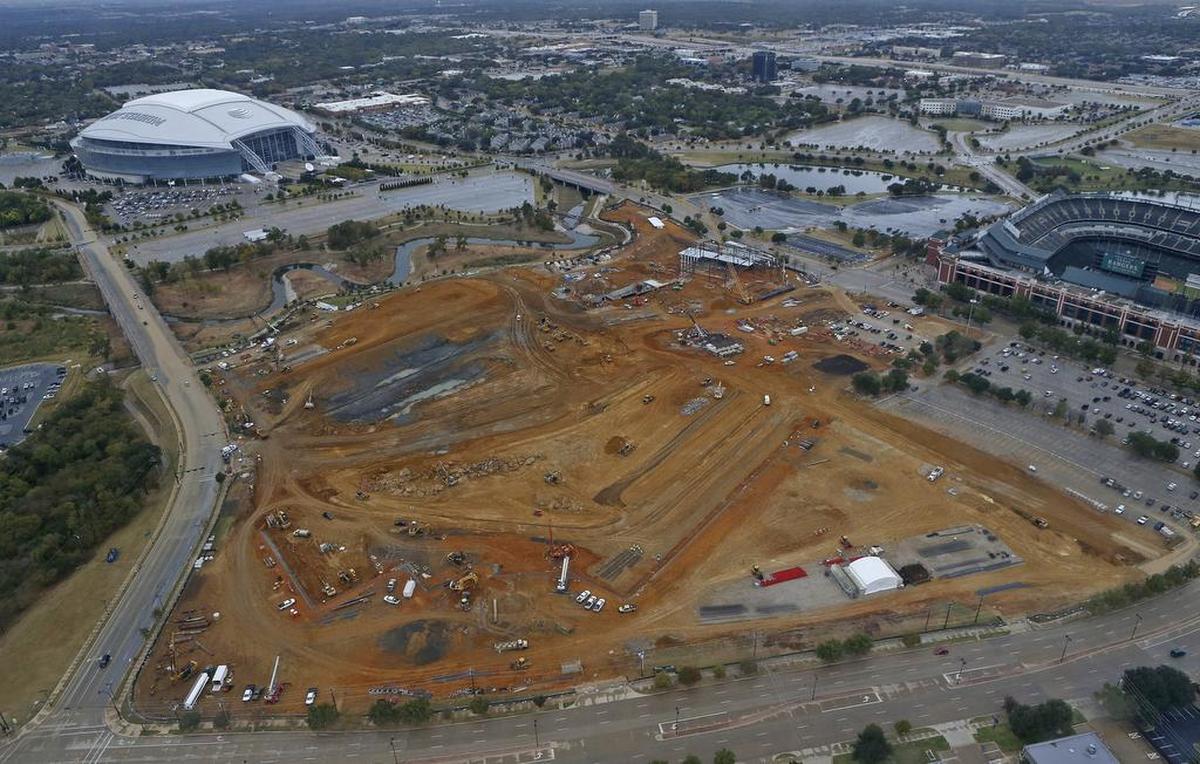 An aerial view from Oct. 31, 2017, of the new Texas Rangers’ ballpark and Texas Live! in Arlington.
