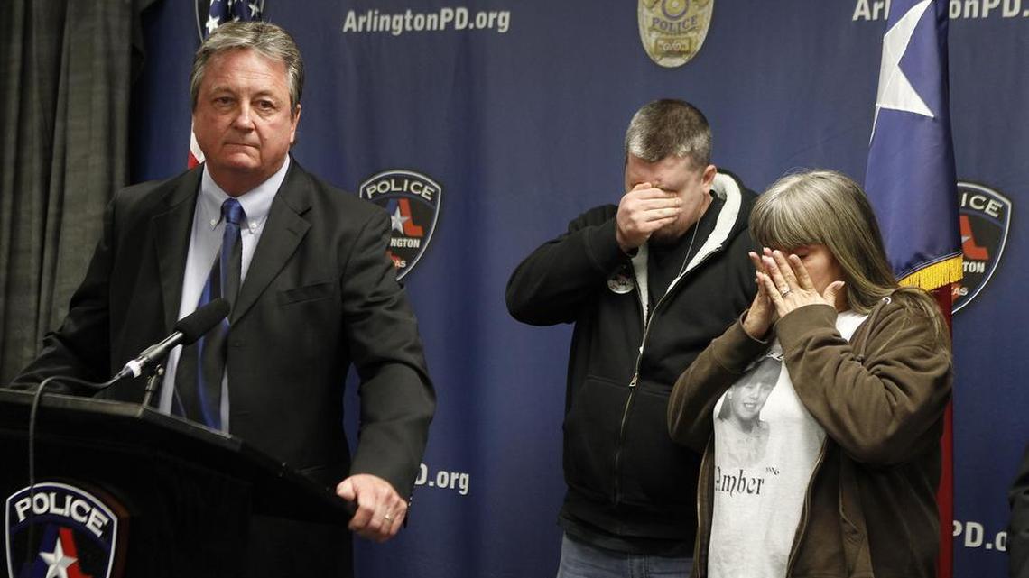 Ricky Hagerman, Amber’s brother, and her mom, Donna Williams, wipe away tears as retired Sgt. Mark Simpson talks about the iabduction and slaying of the 9-year-old girl.