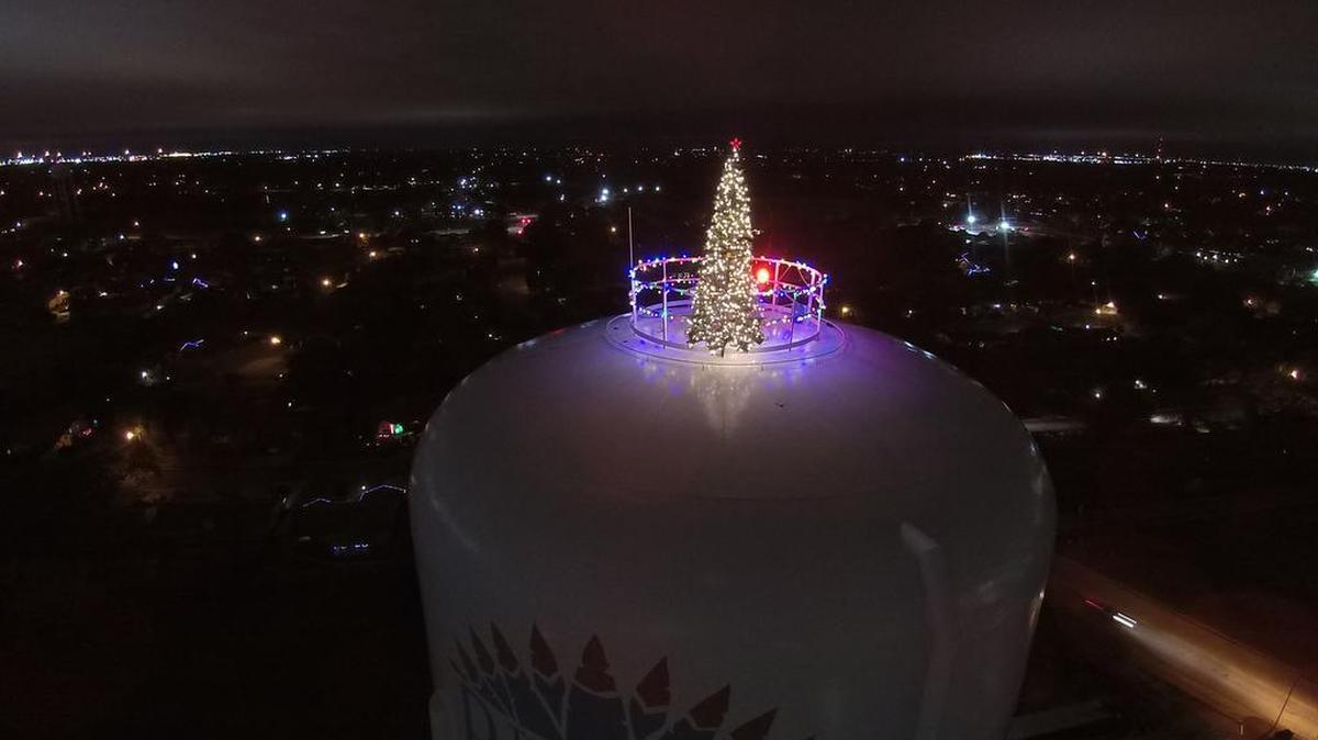 Pantego spreads the Christmas spirit by starting a new tradition of putting a tree atop its 180-foot-tall water tower near West Pioneer Parkway. This is a photo of the tree in 2016.