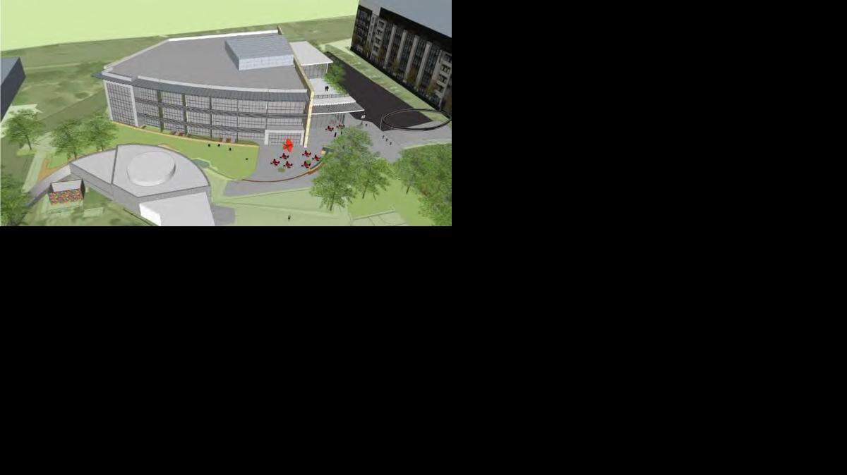
View of the proposed downtown library, plaza and new Council Chamber from the roof of City Hall, looking north.
