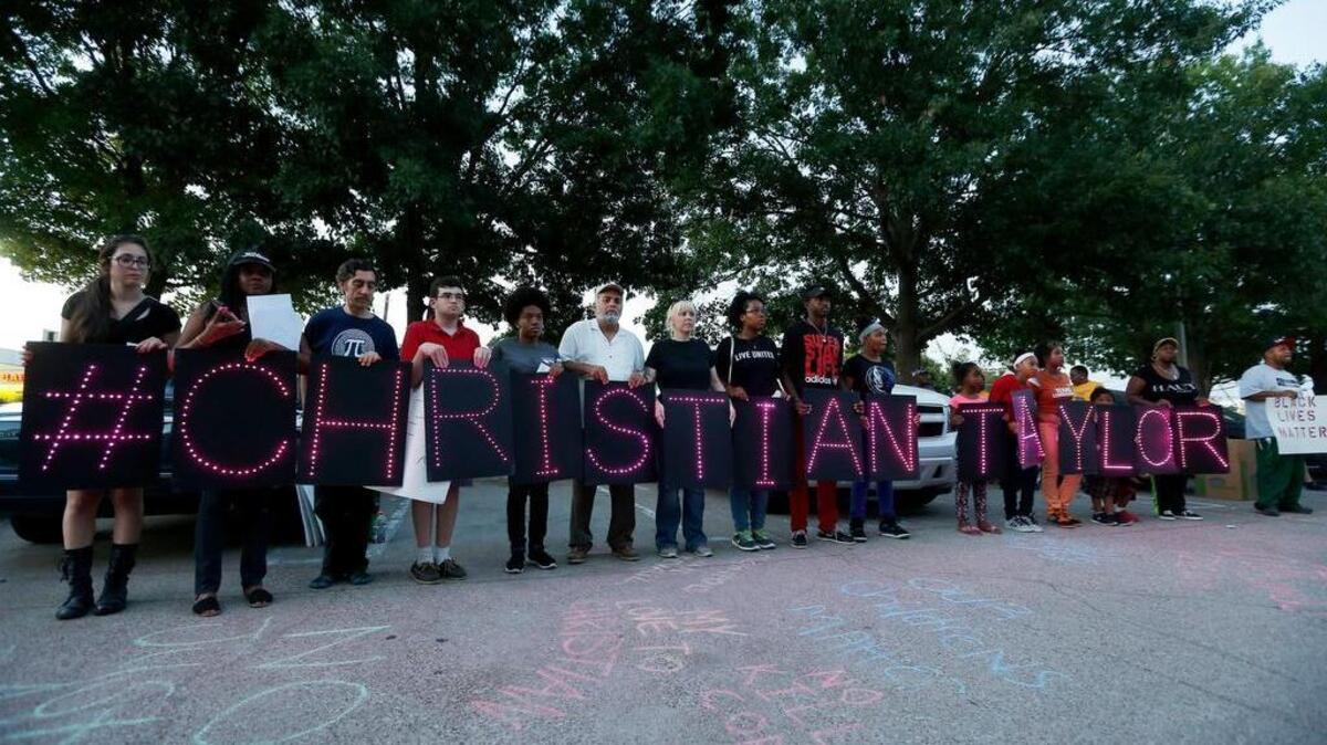 
Demonstrators protesting against police brutality remember Christian Taylor with a hash tag, a fitting tribute to a young man who had questioned his future on Twitter.
