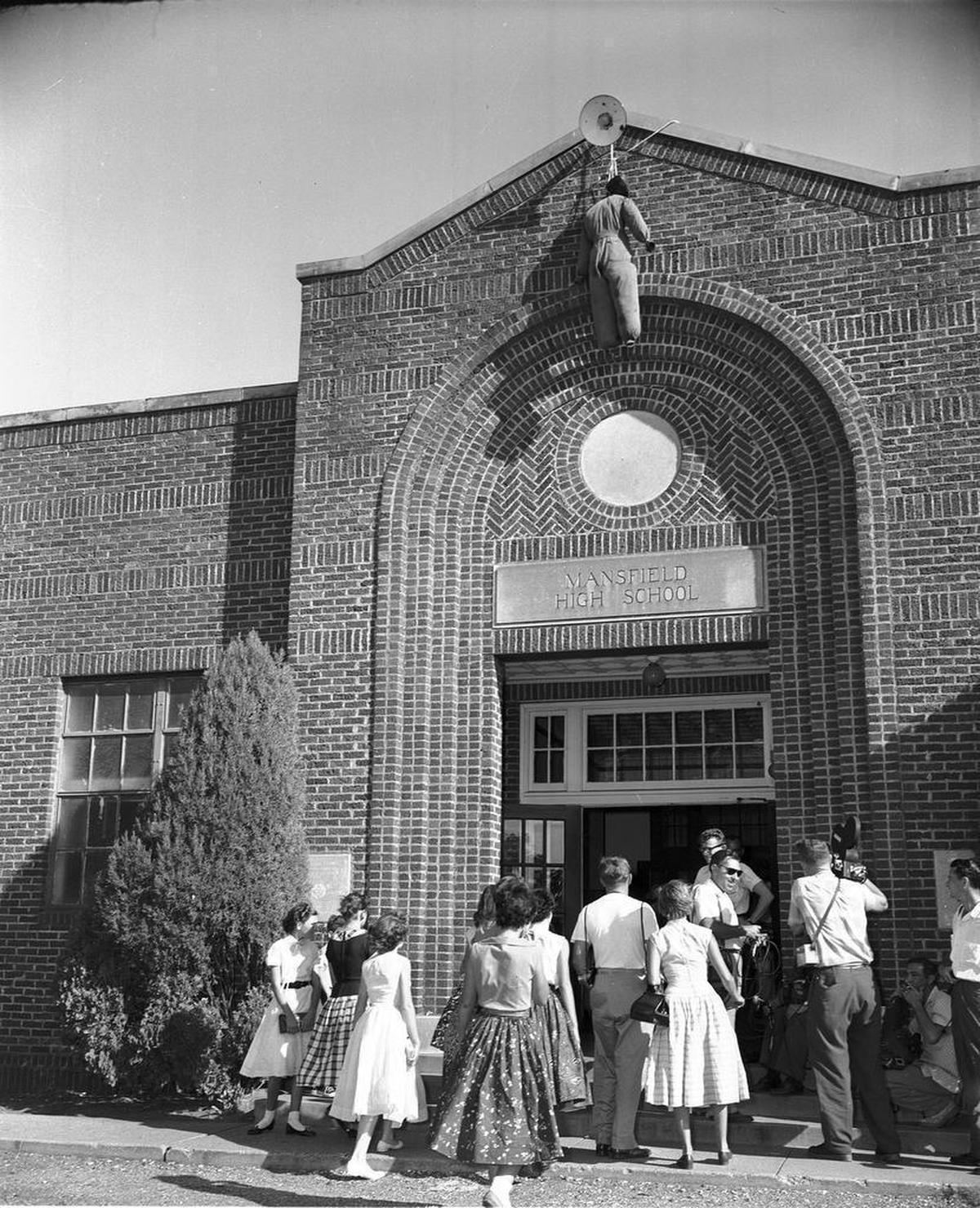 On Aug. 30, 1956, only white students entered Mansfield High School with an effigy hanging over the door. Black students who had attempted to enroll were turned away.
