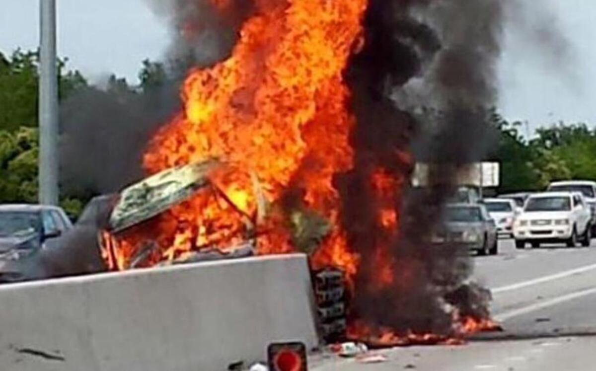 
A pickup hit a concrete divider and burst into flames about 5:45 p.m. Monday on westbound Interstate 30 at Texas 360 in Arlington. Police said the driver was killed. 

