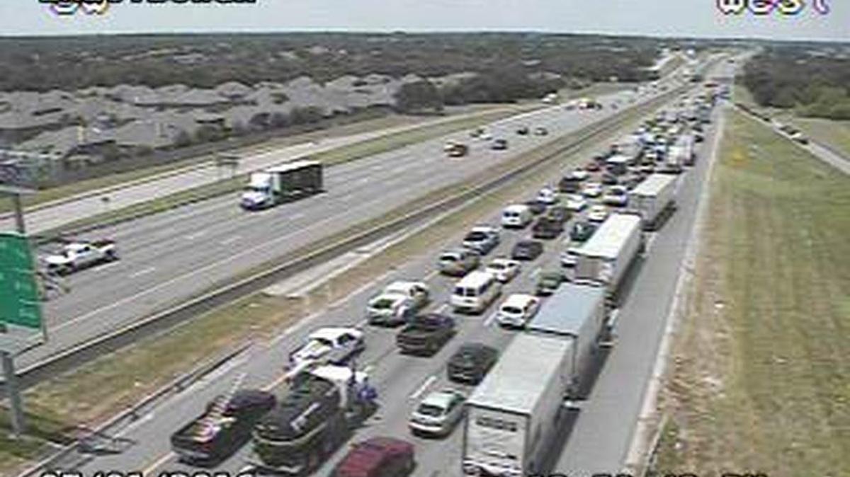 The view looking west on I-20 at Bowen Road after a wreck shut down the highway Friday afternoon.