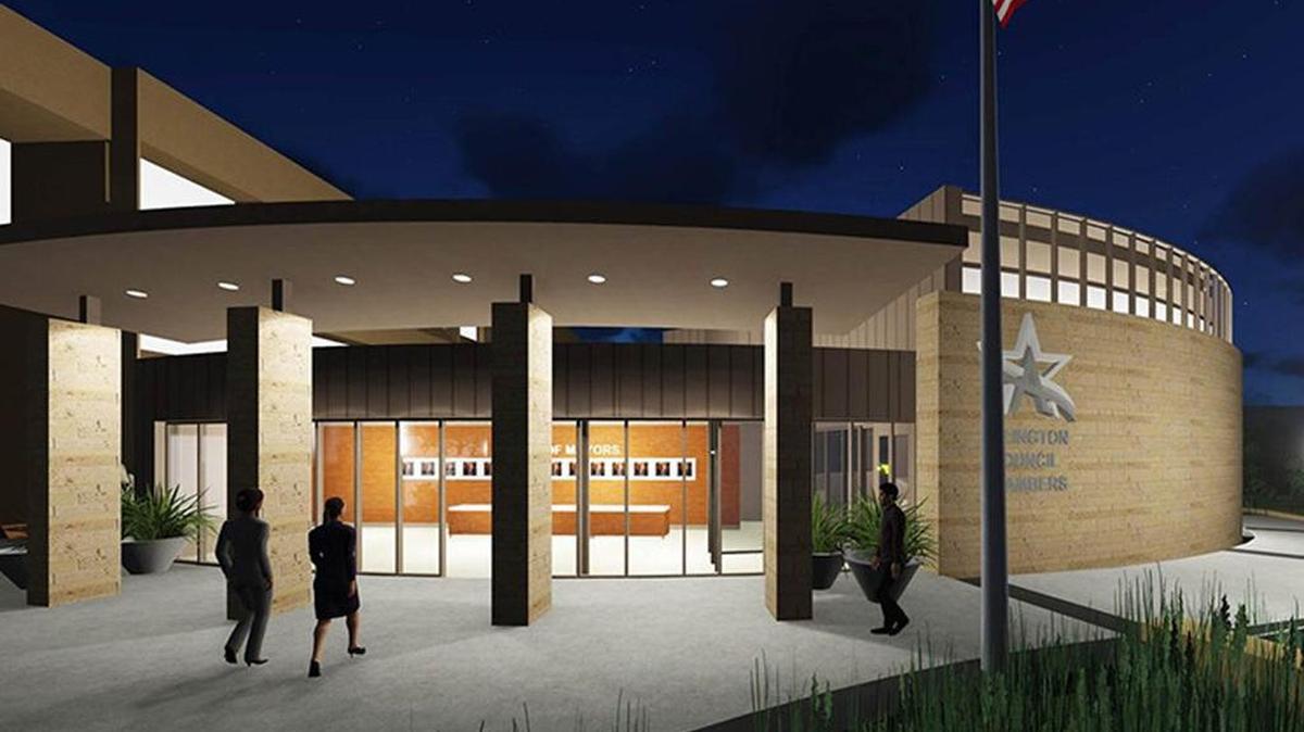 Rendering of the exterior entrance to the future Arlington City Council chamber, after the existing 35-year-old chamber is demolished and reconstructed. The work, expected to finish in the spring of 2018, is part of the new $30 million central library project planned for groundbreaking next week.