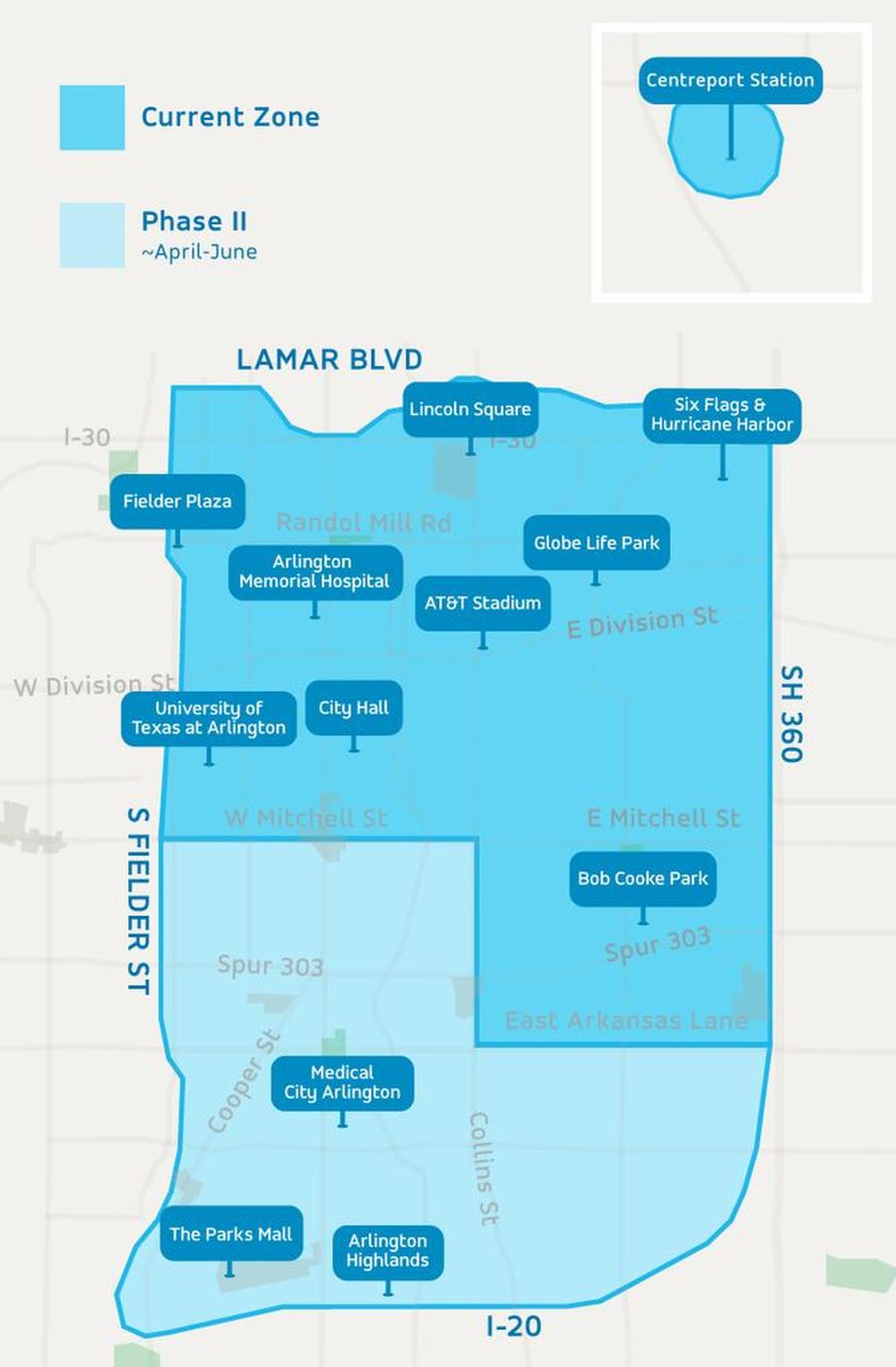 Via, the on-demand ride share company, has expanded service in Arlington. There are plans to expand the service to parts of south Arlington (shown in the lighter shade of blue) later this year.