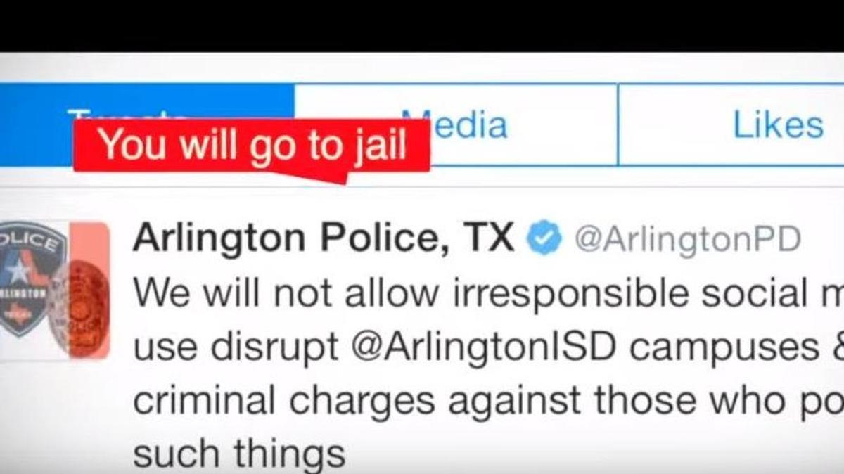 A screenshot of a video Arlington police posted Wednesday about making threats toward schools on social media.