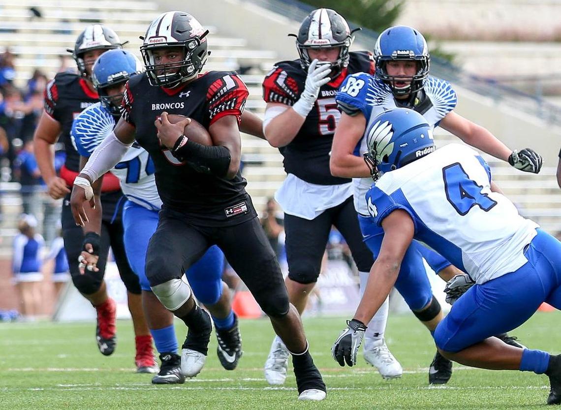 Mansfield Legacy quarterback Jalen Catalon (5) runs for a touchdown against North Forney in a 5A Division II Regional round high school football playoff game, Dec. 2, at Eagle Stadium in Allen, Texas.
