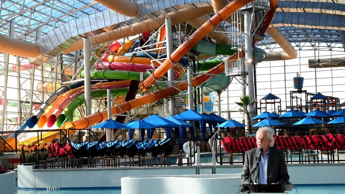 Grand Prairie Mayor Ron Jensen addresses those attending media day at Epic Waters.