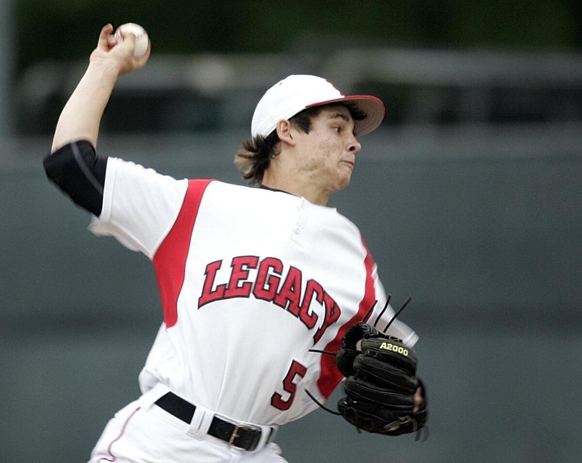 Legacy pitcher Kade Strowd (5) threw a complete-game shutout against Dallas Molina.