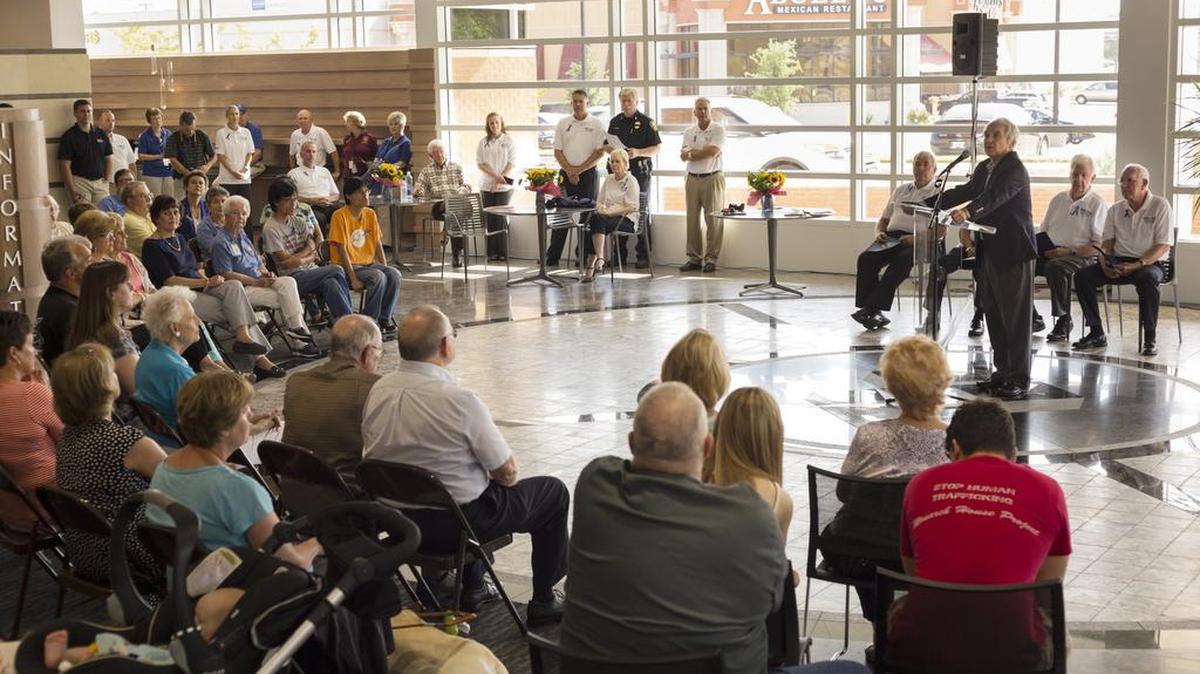 Architect Ron Hobbs speaks to attendees inside the new Hurst Justice Center on July 11. Hobbs and his partner Wadona Stich were the two behind the design of the new building.