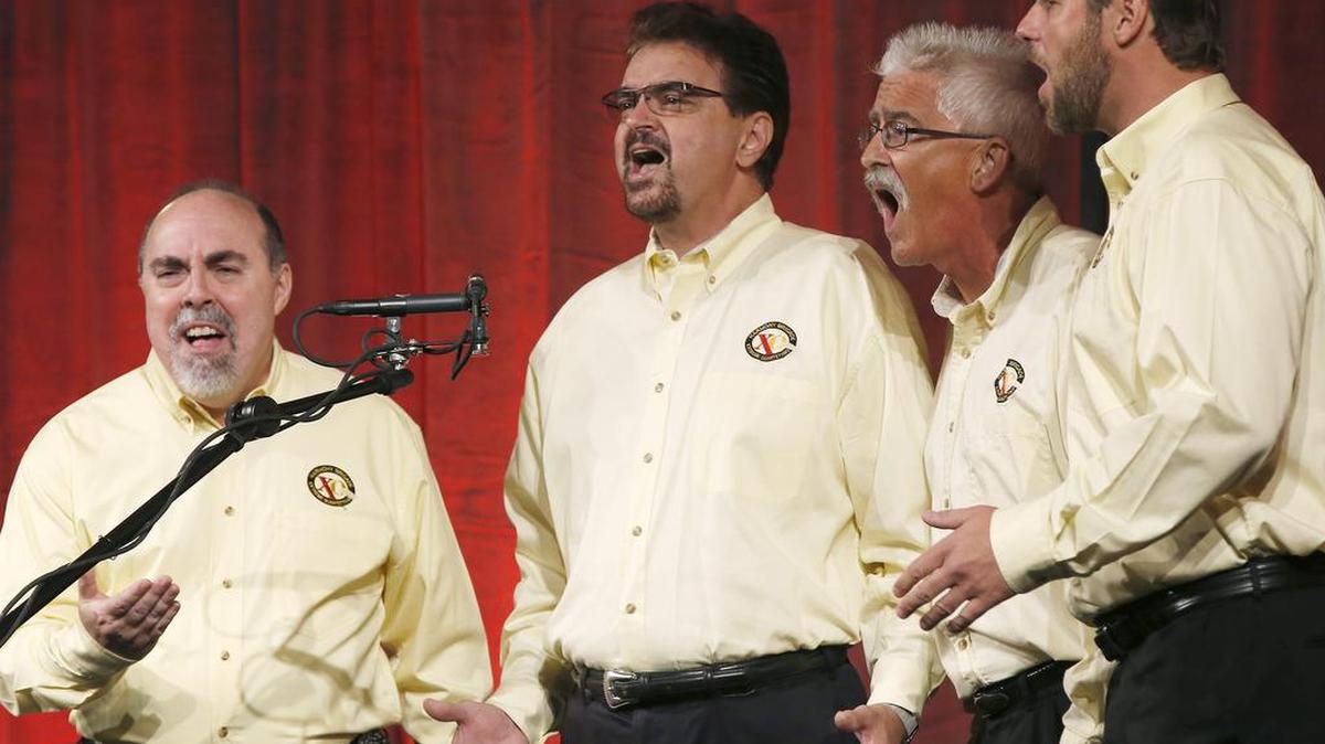 
From left, Scot Brennecke, John Loucks, David Morris and Chris Hoofnagle of "Brigade Rally" perform in the 2015 Southwestern District Fall Convention Barbershop Quartet semifnals at the DFW Airport Hyatt Regency Hotel.
