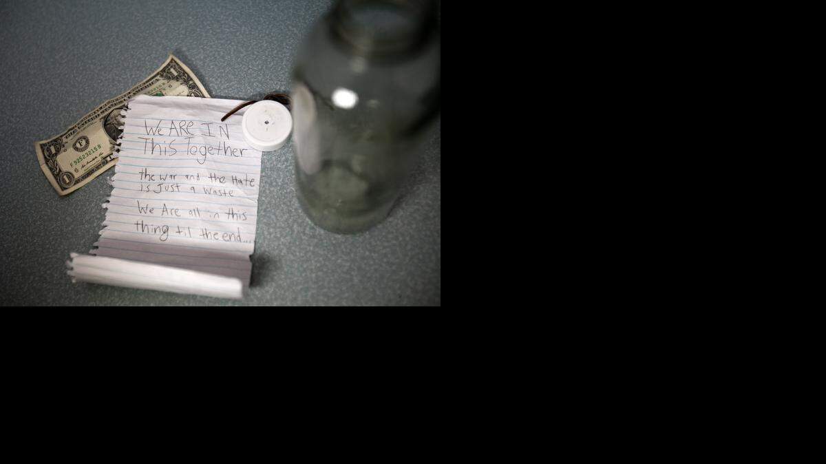 
A view of the message found by Ted Barney and his border collie Clancy. They found the message in a bottle in Lake Grapevine. 

