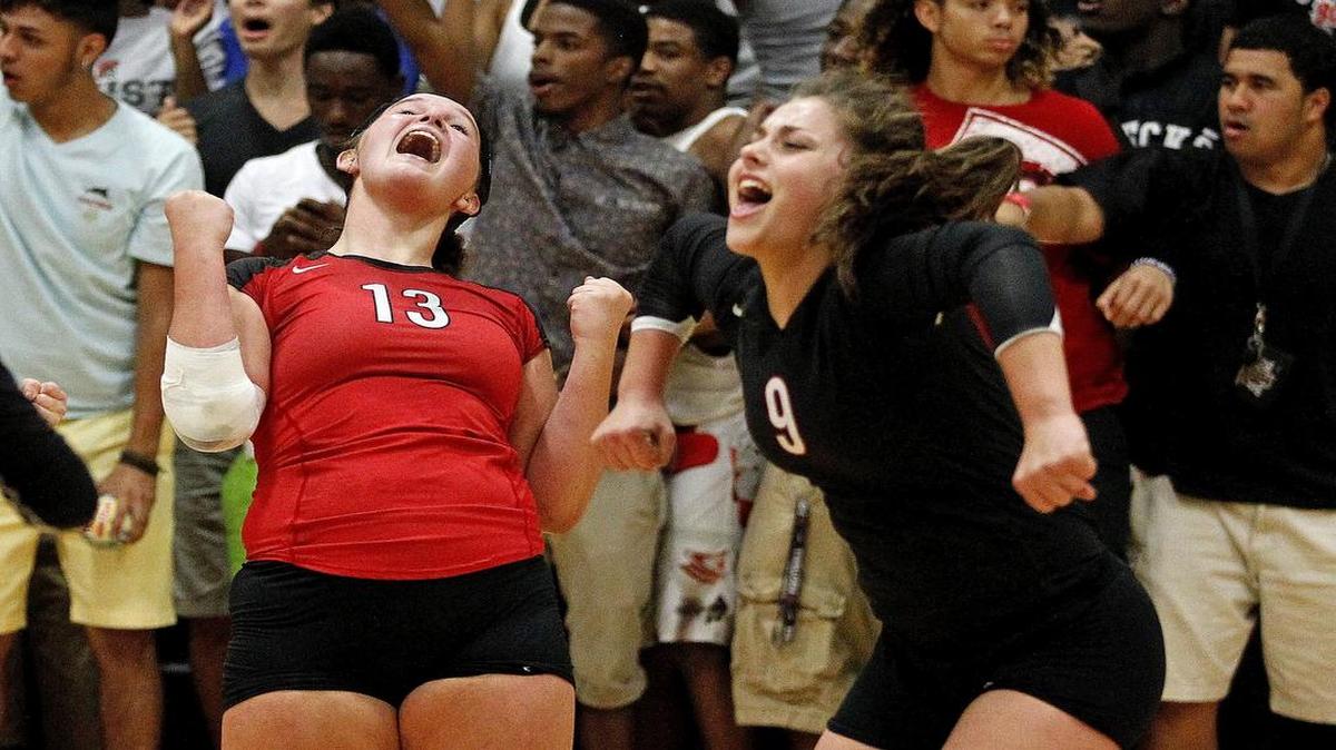 Trinity's Margaret Dean, right, celebrates during her sophomore year with former teammate Bri Palumbo. Dean’s next volleyball career stop is Stephen F. Austin.
