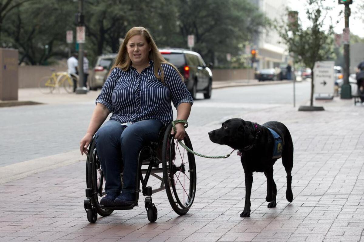 Susan Mahoney, who lives in downtown Dallas, takes her service dog, Misha, out for a walk. She received her service dog from Canine Companions for Independence, who work with female inmates at the Federal Medical Center Carswell to train puppies to be service dogs.