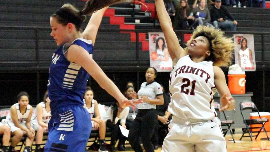 Haleigh Talbert shoots for Trinity in a December game. She and other standouts will be called upon to shore up the loss to injury of Tamariyae Battle.