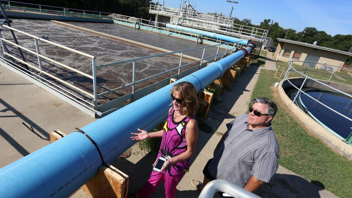 
Trophy Club Municipal Utility District No. 1 general manager, Jennifer McKnight and secretary/treasurer, Kevin Carr look over the wastewater treatment plant in Trophy Club.
