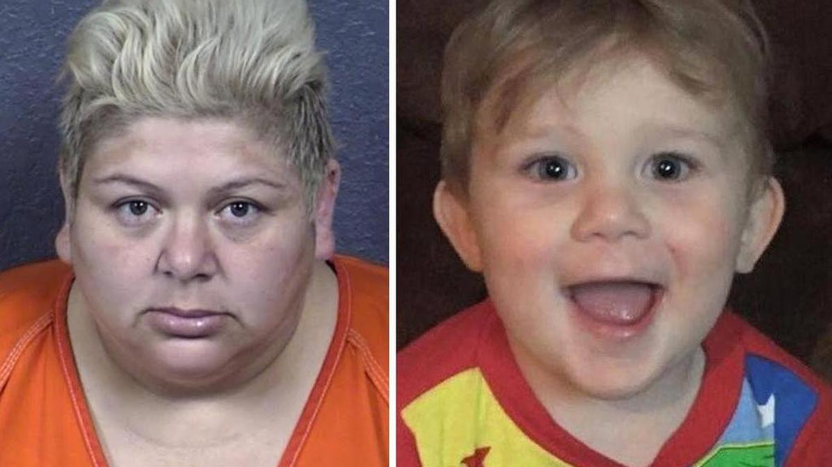 Composite of two images: Patricia Flores, 43, of Haltom City, left, and Lyfe Flores, 2, died April 4 in a Dallas hospital after he was found with severe burns on his body from hot water. Patricia Flores of Haltom City, accused in the death of her grandson, surrendered to authorities in Frio County.