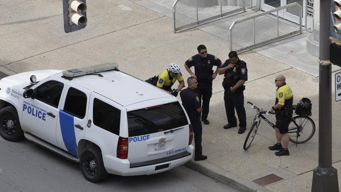 Fort Worth police and Federal Protective Service officers are part of beefed up security outside Eldon B. Mahon Federal Courthouse in downtown Fort Worth Monday for the trial of two men accused of unlawful surveillance of Juan Jesus Guerrero Chapa, Mexican lawyer who was murdered in Southlake in 2013.