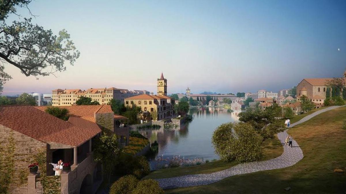An artist’s rendering of the Westlake Entrada development, a European-style village to be built around a small lake.