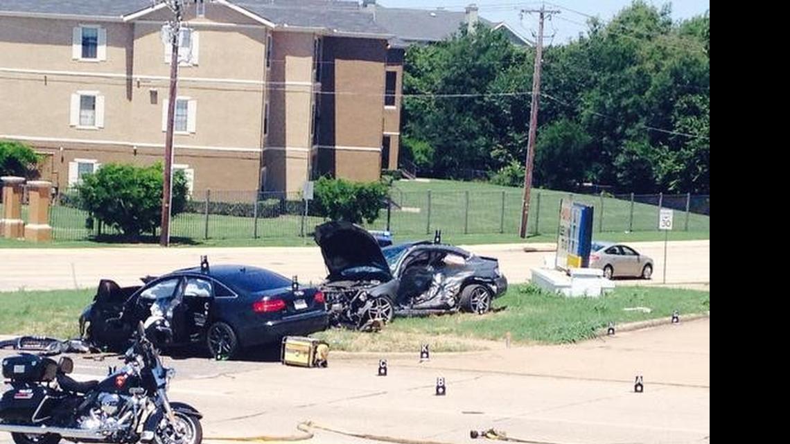 
This photo from media partner WFAA shows the vehicles involved in a fatal crash in Bedford Thursday.
