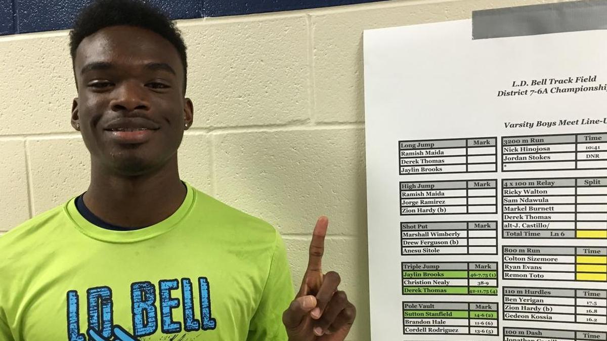 Bell’s Jaylin Brooks won the District 7-6A championship with a career-best performance of 46 feet, 6.75 inches (incorrectly recorded in the score sheet in this photo).