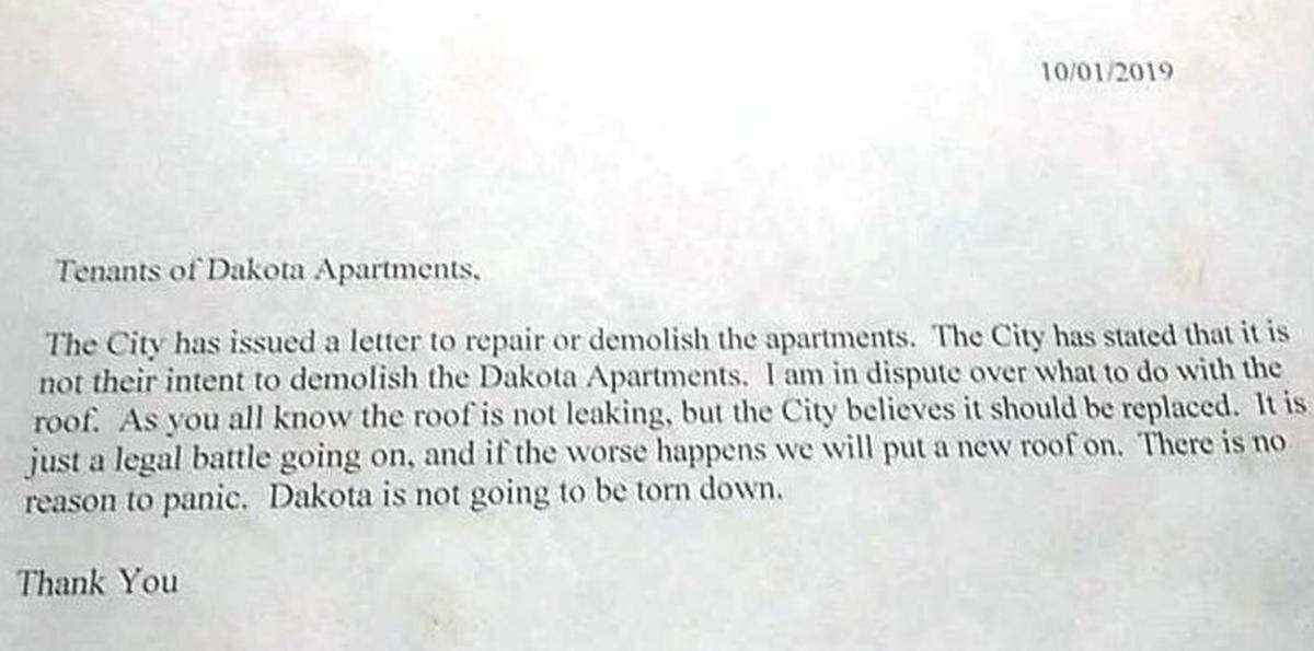Melli Berneck, a tenant at Dakota Place apartments, said this letter was taped to her door.
