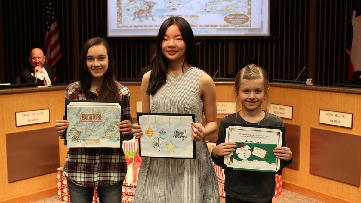 Winners in the GCISD annual Holiday Card Art Contest are, from left: Skyler Lepschy, Colleyville Heritage High School; Sarah Tu, Colleyville Middle School; and Audrey Kizer, Colleyville Elementary School.