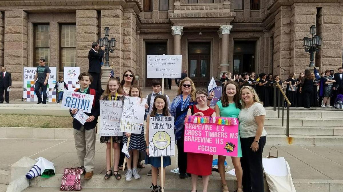 GCISD PTA families went to a rally for Texas public education Feb. 27 in Austin. From left to right: Grant Ghormley, Savannah Ghormley, Jenny Haas, Helena Haas, Ethan Haas, Avery Canter, Valerie Kunert, Samantha Kunert, Ally Canter, Coley Canter.