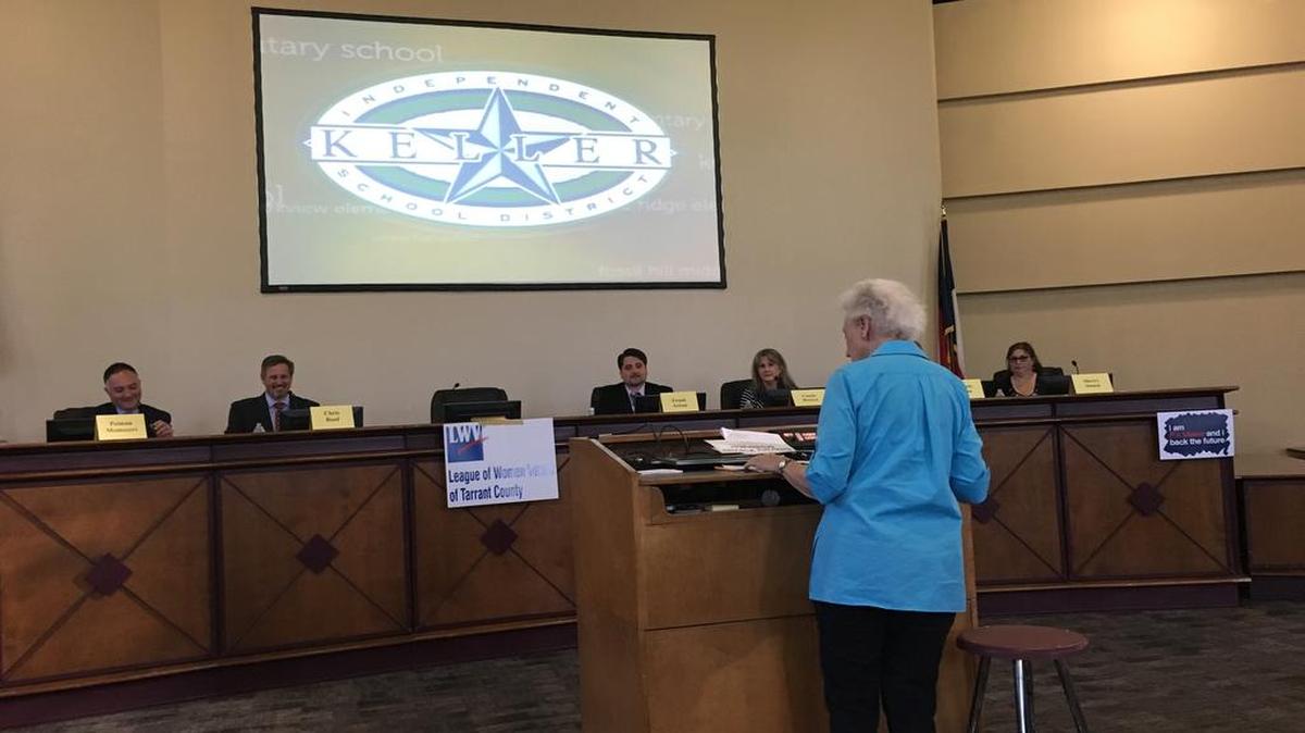 Candidates for Place 4 and Place 5 on the Keller school board answer questions from the audience read by moderator Georgia Kidwell of the Tarrant County League of Women Voters.