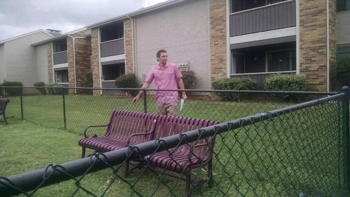 Zachary McDaniel points to where 14-year-old Kaytlynn Cargill was last seen, and where she left her dog tied up.