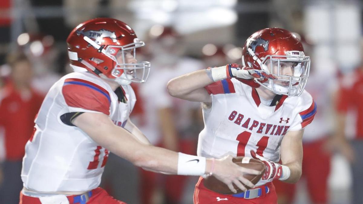 Grapevine quarterback Alan Bowman (12) and running back Zach Wolf (11) take on Fort Worth Southwest this week in the playoffs.